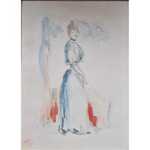 Henry Somm 1844-1907 Young Woman In Blue Watercolor