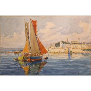 Louis Germain 1897-1952 Sailboats Off Cannes Watercolor