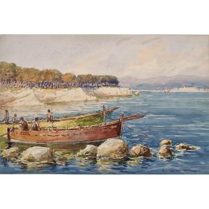 Louis German 1863-1946 The Bay Of Cannes From The Lérins Islands Watercolor