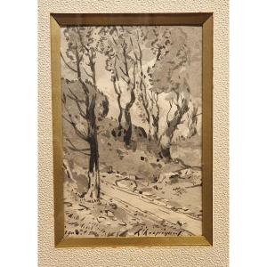 Henri Harpignies 1819-1916 Wooded Path Grey Wash Drawing