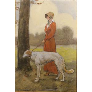 Etienne-prosper Berne-bellecour 1838-1910 Elegant Woman With A Borzoi Gouache