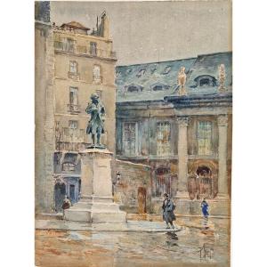 René Leverd 1872-1938 The Statue Of Condorcet Quai Conti In Paris Watercolor
