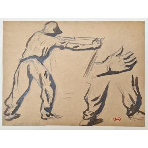 Maximilien Luce 1858-1941 Worker, Resuming Hand And Leg Exercises Black Pencil And Ink 