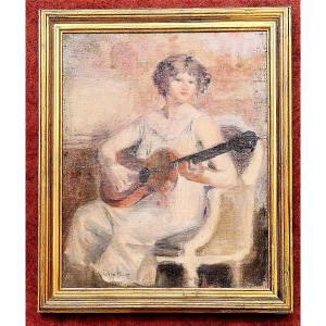 Abel Faivre 1867-1945 Young Girl With A Guitar Oil On Canvas