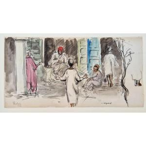 Albert Lepreux 1868-1959 Street Scene In Rabat Watercolor