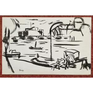 Jules Emile Zingg 1882-1942 Quai De Seine In Paris India Ink