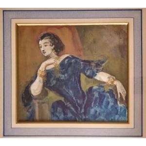Constantin Guys 1802-1892 Woman In A Blue Dress Watercolor And Gouache