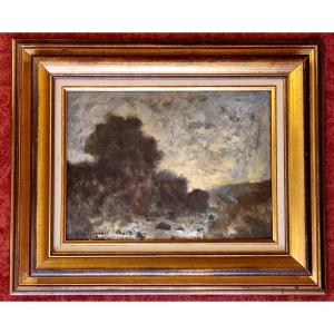 Henri Harpignies 1819-1916 River At Dusk Oil On Cardboard