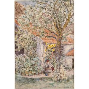 Marie Désiré Bourgoin 1839-1911 Little Girl With Sunflowers And A Well Watercolor