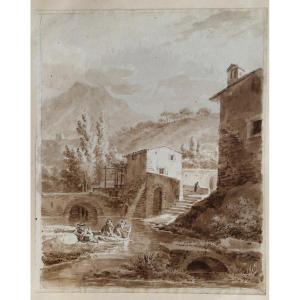 Jean Antoine Constantin d'Aix 1756-1844 Lavandières En Provence Brown Wash Drawing