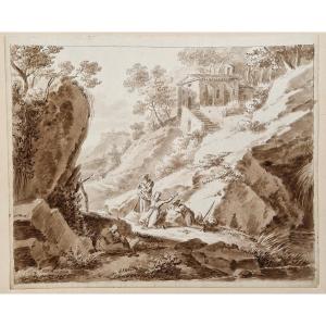 Jean Antoine Constantin d'Aix 1756-1844 Monks At Prayer In Italy Brown Wash Drawing