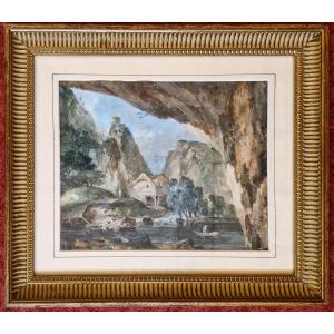 Louis Gabriel Moreau 1740-1806 Paysage à l'étang Vu Depuis Une Grotte Gouache On Vellum