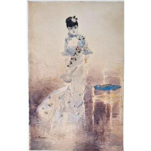 Jean-louis Forain 1852-1931 Elégante à l'éventail En Plumes Watercolor And Gouache