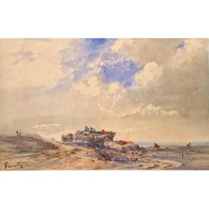 F. Frantz Active In The 19th Century Fishermen On The Shore Watercolor