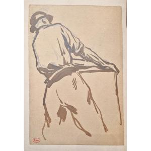 Maximilien Luce 1858-1941 Man At Work Brown Wash Drawing