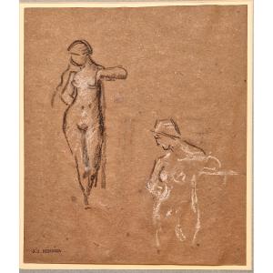 Jean-jacques Henner 1829-1905 Female Nudes Charcoal And White Chalk Drawing