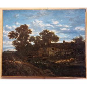 Narcisse Berchère 1819-1891 Farm At Dusk Oil On Canvas