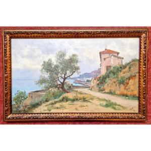 Marie Joseph Léon Iwill 1850-1923 Italian Coast Towards Bordighera Oil On Canvas