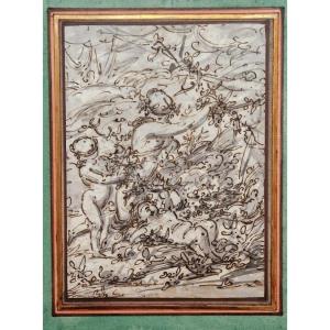 18th Century Italian School Venus And Love Pen And Wash Drawing
