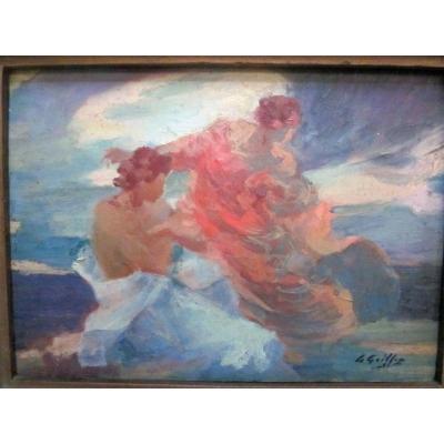 Gabriel Griffon 1866-1938 Couple Oil On Mahogany Panel