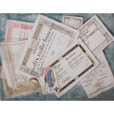 Trompe l'Oeil Aux Assignats And A Watercolor Playing Card From The End Of The 18th Century