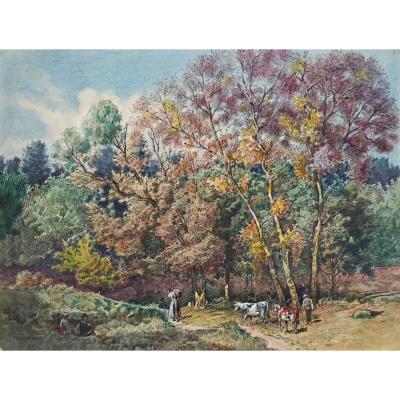 Eugène Damblans 1865-1945 Peasants In The Woods Watercolor