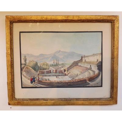 The Ancient Theater In Pompeii Watercolor On Engraved Line 19th Century