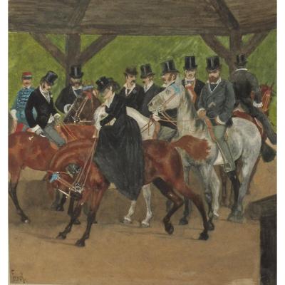 William French 1815-1898 Horsemen On The Departure At Bois De Boulogne Watercolor