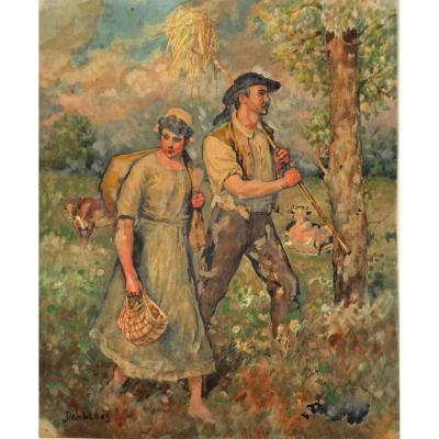 Eugène Damblans 1865-1945 Couple Of Peasants Oil On Paper