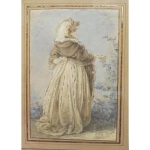 Entourage Of Gabriel De Saint Aubin 1724-1780 Woman Picking A Gouache Sheet