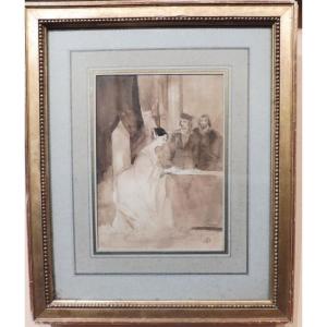 Achille Devéria 1800-1857 Troubadour Scene Drawing In Lavis