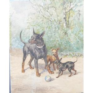 Olivier De Penne 1831-1897 Les Pinschers Watercolor