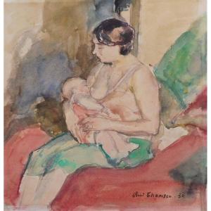 René Thomsen 1897-1976 Mother And Breastfeeding Child Watercolor