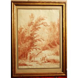 Hubert Robert 1733-1808 (entourage Of) Meeting In A Wood Drawing In La Sanguine