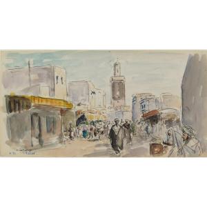 Albert Lepreux 1868-1959 Street In Rabat Morocco Watercolor