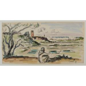 Albert Lepreux 1868-1959 View Of Rabat From The Heights Morocco Watercolor