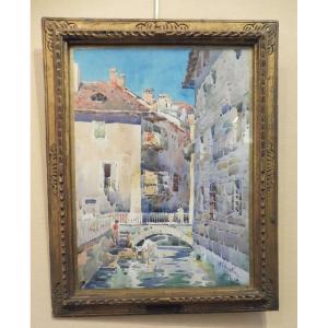 Hugo Vincent Cossettini 1881-1953 Annecy The Prison Canal Watercolor