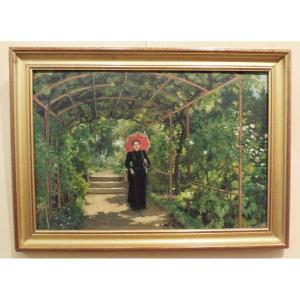 Narcisse Chaillou 1837-1910 Walk Under The Arbor Oil On Panel