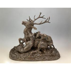 Stag Attacked By Three Dogs - Bronze By Christophe Fratin (1801 - 1864)