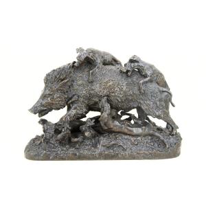 Wild Boar Attacked By Four Dogs - Bronze By Christophe Fratin (1801 - 1864)