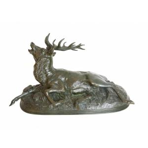 Dying Stag - Bronze By G. Canari (19th Century)