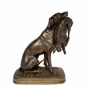 Seated Dog Holding A Hare - Bronze By Ferdinand Pautrot (1832 - 1874)