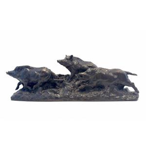 Wild Boars - Bronze Group By Maximilien Fiot (1886 - 1953)