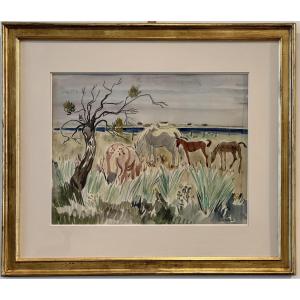 Mares And Foals In The Camargue - Watercolor By Yves Brayer