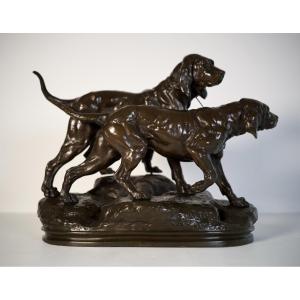 Two Hunting Dogs - Bronze By Charles Valton (18451-1918)