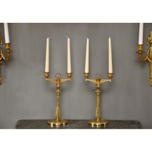 Pair Of Empire Candelabra In Gilt Bronze By Claude Galle