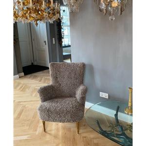 Modern Scandinavian Armchair "stora Furulid" In Sheepskin Upholstery By Carl Malmsten