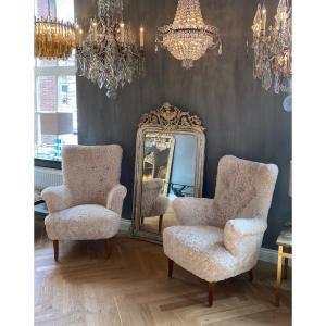 Pair Of  Scandinavian Modern Armchairs 'stora Furulid'  In Soft Sheepskin By Carl Malmsten
