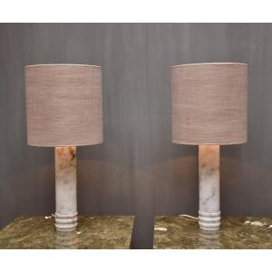 Pair Of Mid Century Swedish Carrara Marble Table Lamps
