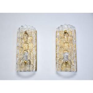 Mid Century Scandinavian Brass And Glass Wall Light Set